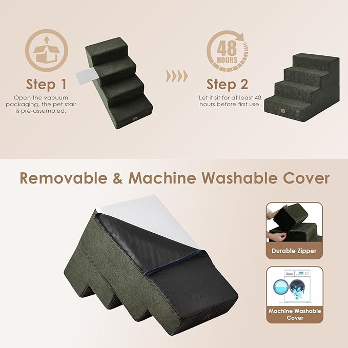 EHEYCIGA Dog Stairs for Bed 20" H, 4-Step Extra Wide Dog Steps for High Bed, Pet Steps for Small Dogs and Cats, Non-Slip Balanced Pet Ramp Indoor, Olive Green-PawvioPets