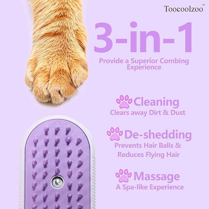 3-in-1 Cat Steam Brush, Rechargeable Cat Brush with Steam, Spritz Defur Comb for Dogs, Spritz Defur Comb for Cats (Purple)-PawvioPets