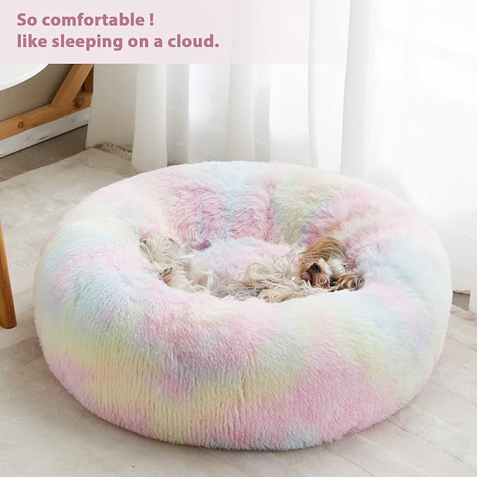 WNPETHOME Calming Dog Bed Cat Bed Donut, Faux Fur Pet Bed Self-Warming Donut Cuddler, Comfortable Round Plush Dog Beds-PawvioPets