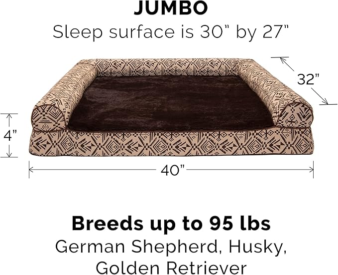 Furhaven Orthopedic Dog Bed for Large Dogs w/ Removable Bolsters & Washable Cover, For Dogs Up to 95 lbs - Plush & Southwest Kilim Woven Decor Sofa - Desert Brown, Jumbo/XL-PawvioPets