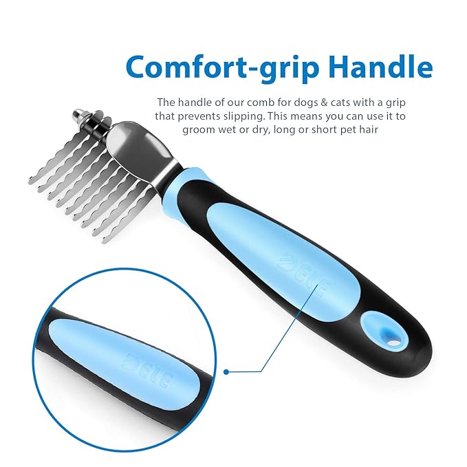 Flexzion Dogs Dematting Comb, Stainless Steel Blades Rakes, for Pets Cats Animals Matted Knotted Hair, Brush Cutting Removing Grooming Tool with Smooth Teeth Needle - Black & Blue Handle-PawvioPets