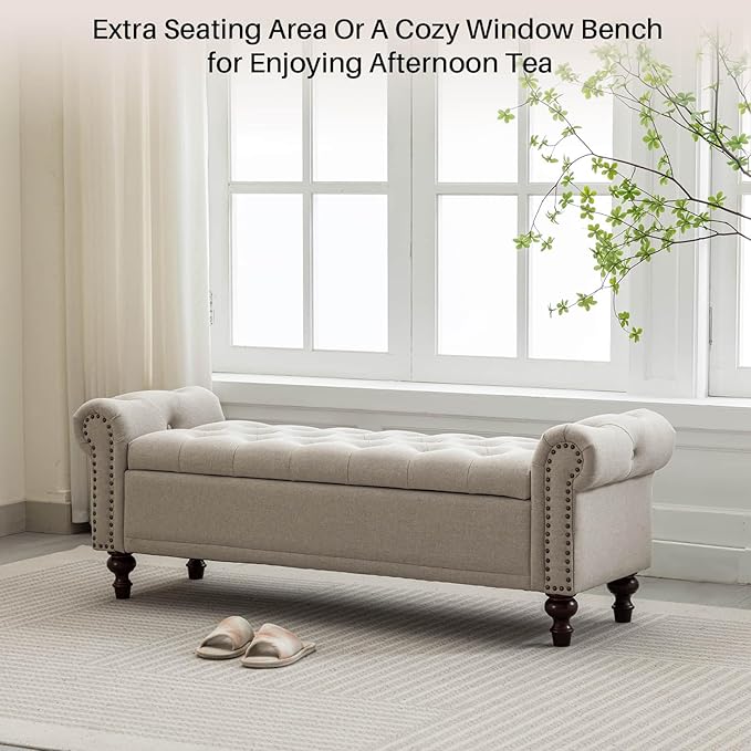 58.1'' Storage Bench Upholstered Linen End of Bedroom Bed Bench Ottoman with Tufted Cushioned Rolled Arm Large Storage Space for Reading Living Room Entryway, Light Brown-PawvioPets