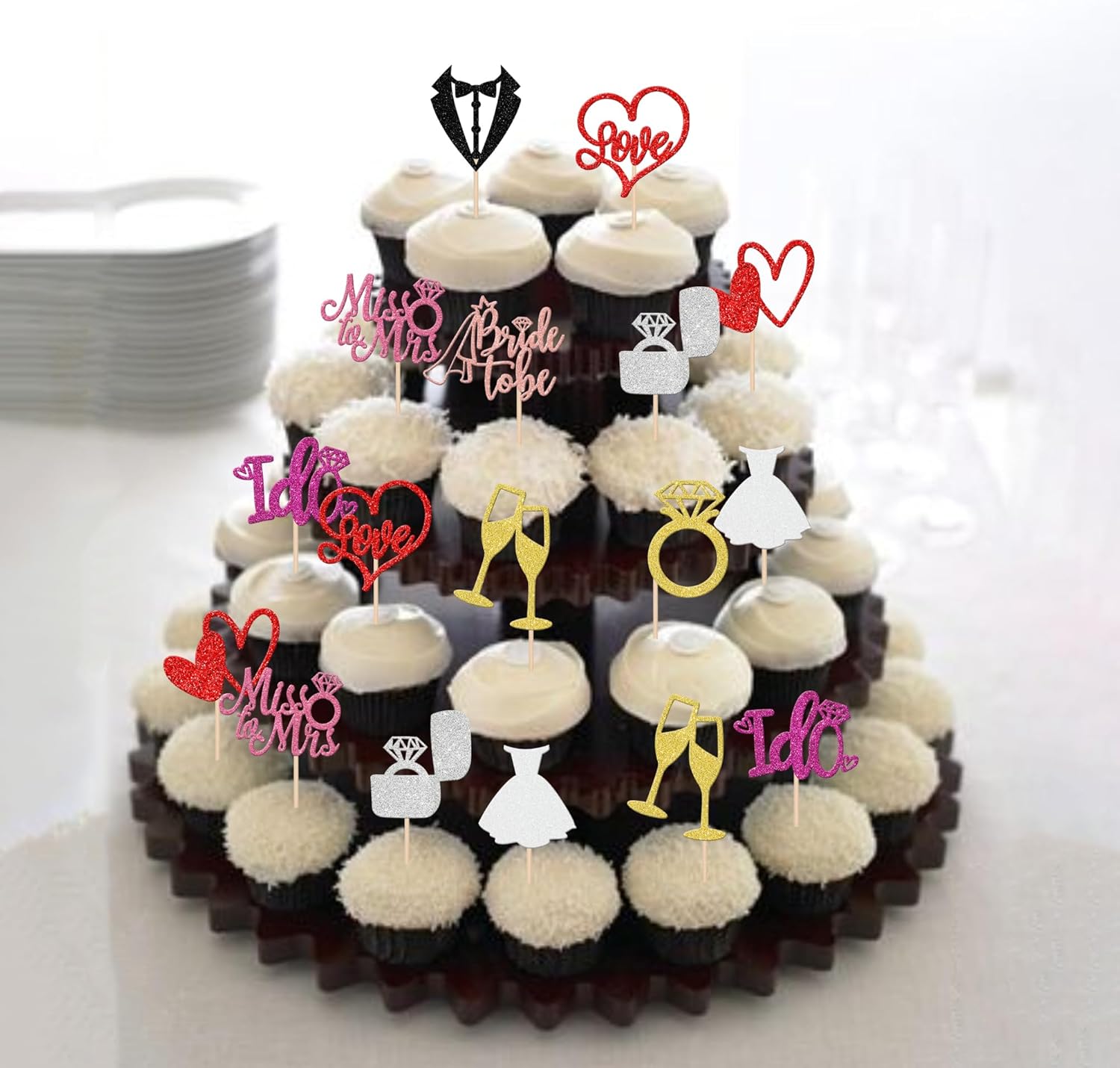 30 PCS He Asked She Said Yes Cupcake Toppers Glitter Engagement Cupcake Toppers Miss to Mrs I Do Love Heart Ring Miss to Mrs Cupcake Picks for Wedding Engagement Party Cake Decorations Supplies Multi