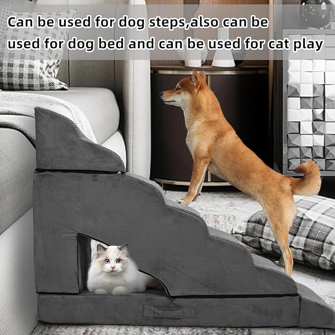 Foam Dog Stairs & Steps Ramps for High Beds 30-36 inches High Tall Large Dogs, LitaiL 7 Step Pet Stairs Steps for High Beds 30 inch Small Dogs, Non-Slip Dog Ramps for Bed-PawvioPets