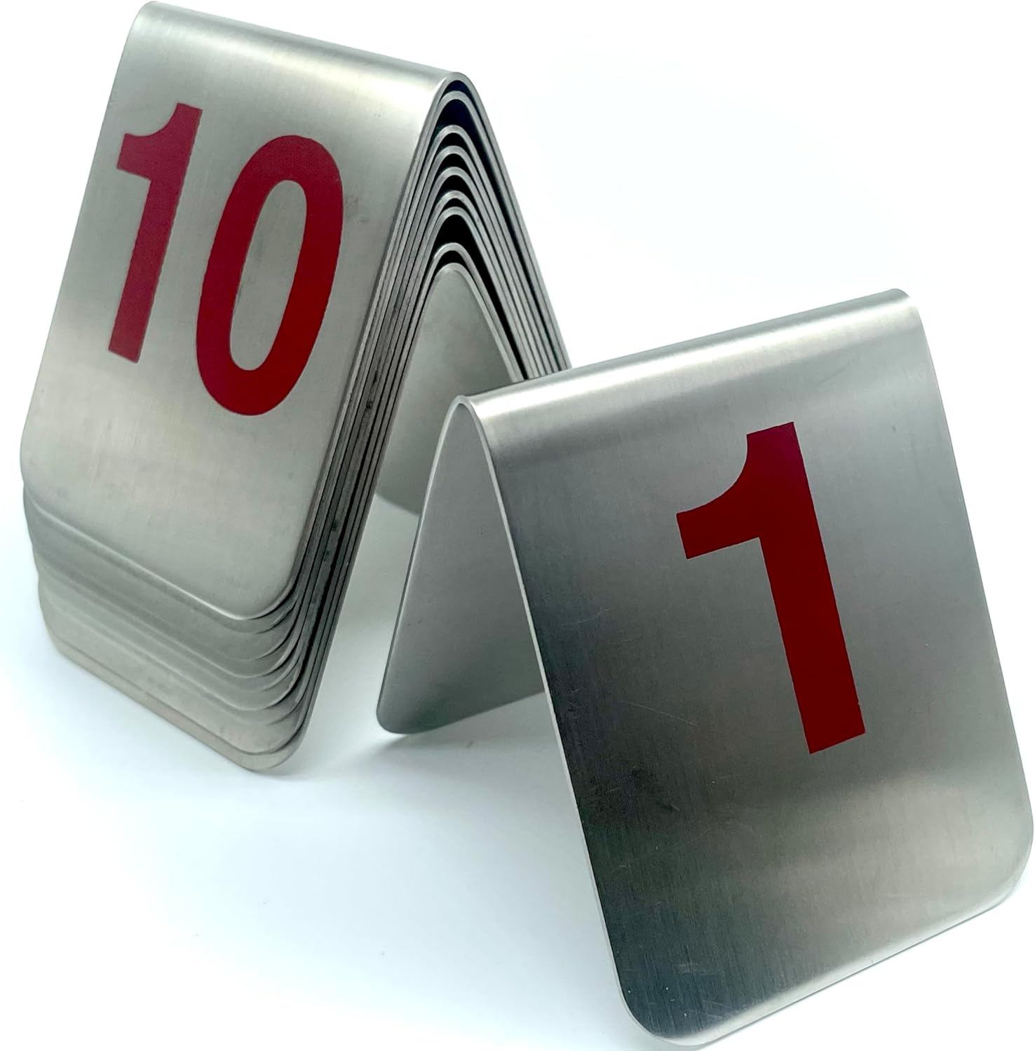 10 Pcs Metal Place Cards Stackable Tent Style Table Numbers，Place Card Holders for Celebration Wedding Party Restaurants Cafes Bars Gatherings meeting Room Board Game Serial (Medium 1-10, Red)