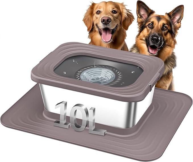 Decflow 10L Stainless Steel Dog Water Bowl, No Spill Anti-Splash Dog Bowls with XXL Silicone Mat, Spill-Proof Slow Feeder for Messy Drinkers, Heavy Duty Pet Bowls for Indoor/Outdoor Use-PawvioPets