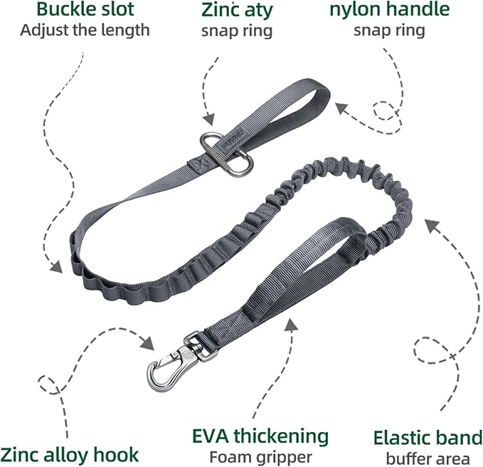 EXCELLENT ELITE SPANKER Tactical Bungee Dog Leash Military Adjustable Dog Leash Quick Release Elastic Leads Rope with 2 Control Handle（Grey-PawvioPets