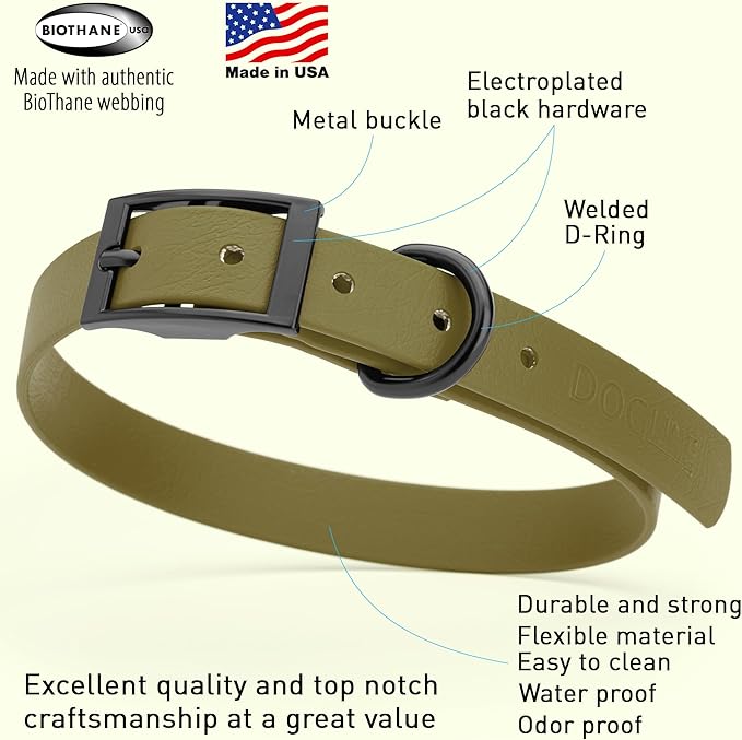 Dogline Biothane Waterproof Dog Collar Strong Coated Nylon Webbing with Black Hardware Odor- Proof for Easy Care Easy to Clean High Performance Fits Small Medium or Large Dogs, Olive Drab Green-PawvioPets