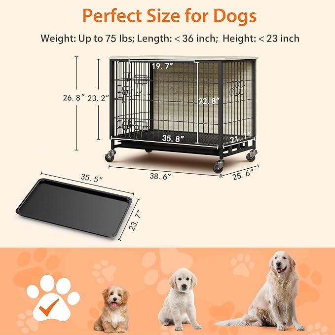 Dog Crate Furniture, 38.6" Wooden Dog Crate with Double Doors, Dog Furniture, Large Dog Kennel Indoor End Table for Large Dogs, Grey-PawvioPets
