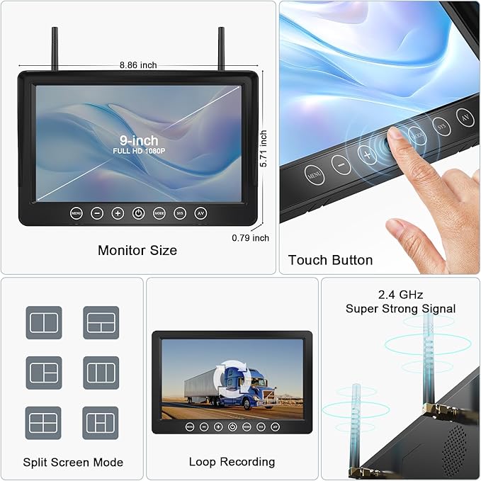 Fookoo HD 1080P 9" Magnetic Wireless Backup Camera,9" IPS Monitor, Rechargeable 2 Side View 2 Rear View Cameras, 1-Min Easy Install, Long Battery Life No Drilling IR Light for RV Truck Trailer DCX904-PawvioPets