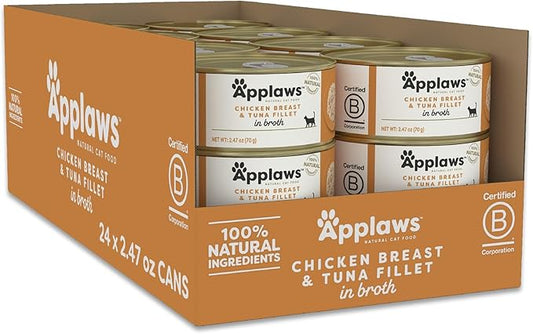Applaws Natural Wet Cat Food in Broth, Limited Ingredient Canned Wet Cat Food, No Additives, Made with Natural Ingredients, Chicken Breast & Tuna Fillet in Broth (24 x 2.47oz Cans)-PawvioPets