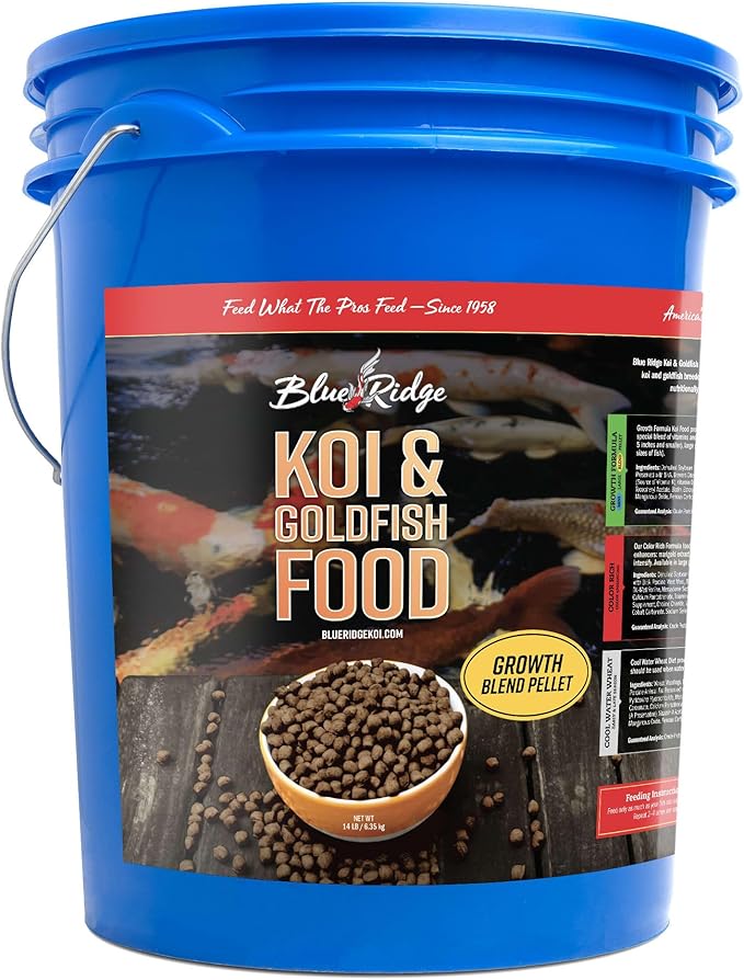 Blue Ridge Koi Fish Food 14lb - Koi Food 3/16” Large and Mini Blend Growth Formula, Goldfish Food, Premium Fish Food for Ponds, Ponds Fish Food, Floating Pond Pellets-PawvioPets