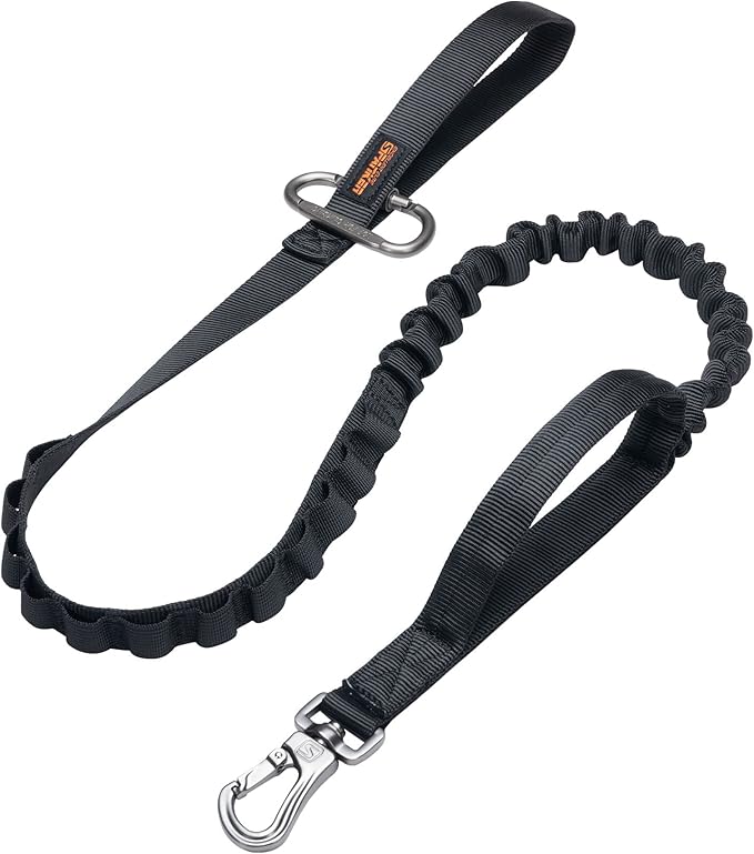 EXCELLENT ELITE SPANKER Tactical Bungee Dog Leash Military Adjustable Dog Leash Quick Release Elastic Leads Rope with 2 Control Handle(Black-PawvioPets