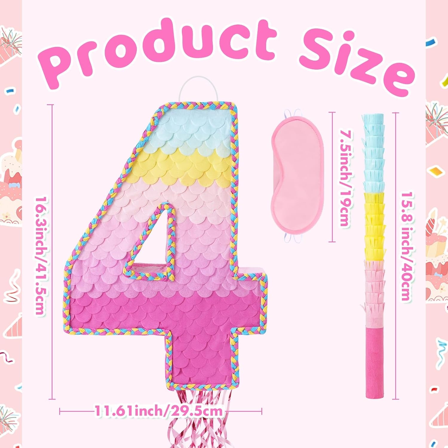 WERNNSAI Pink Sweet Four Pinata - Number 4 Pinata Happy Birthday Decoration Pink Rainbow Design Party Games for Girl Princess Baby Shower Party Favor with Blindfold Anniversary Celebration Supplies