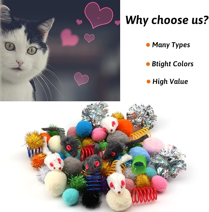 60 Pack Cat Toys - Assorted Kitten, Mouse, Crinkle & Pom Pom Balls-PawvioPets