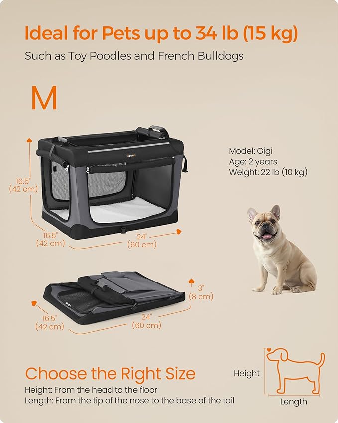 Feandrea Collapsible Dog Crate, 24-Inch Portable Dog Travel Crate for Small Dogs, Oxford Fabric Pet Carrier with 4 Mesh Doors, Handles, Storage Pocket, Water Bottle Holder, Ink Black UPDC016B01-PawvioPets