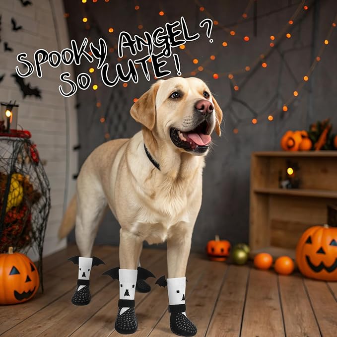 EXPAWLORER Halloween Anti Slip Dog Socks to Prevent Licking Paws, Boots & Paw Protectors with Grippers,Doggie Booties for Hardwood Floors for Small Medium Large Senior Dogs Costume White Ghost Wings M-PawvioPets