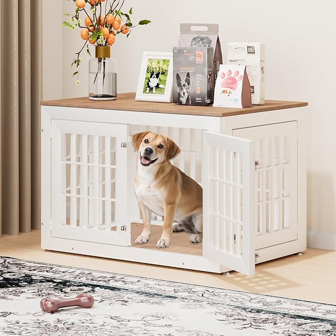 42" Heavy Duty Dog Crate Furniture for Small,Medium and Large Dogs,Rustic Wooden Dog Cage Kennel Indoor Furniture with Waterproof Top,Decorative Pet House Side End Table (White & Wood)-PawvioPets