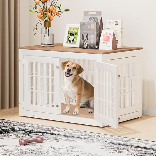 42" Heavy Duty Dog Crate Furniture for Small,Medium and Large Dogs,Rustic Wooden Dog Cage Kennel Indoor Furniture with Waterproof Top,Decorative Pet House Side End Table (White & Wood)-PawvioPets