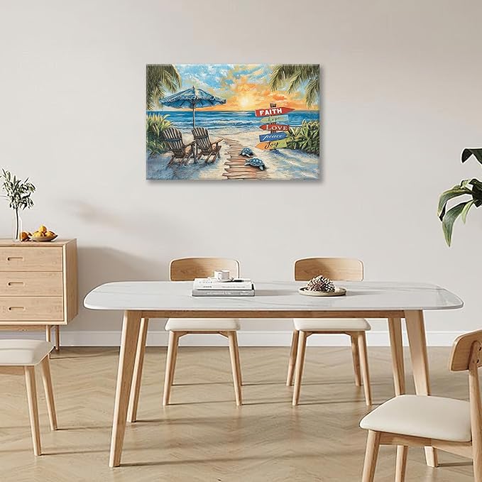 Beach Ocean Bathroom Pictures Wall Art, Seaside Coastal Bathroom Wall Decor, Sunrise Framed Painting Canvas Artwork for Bedroom Living Room Decorations 24"L x 16"W-PawvioPets