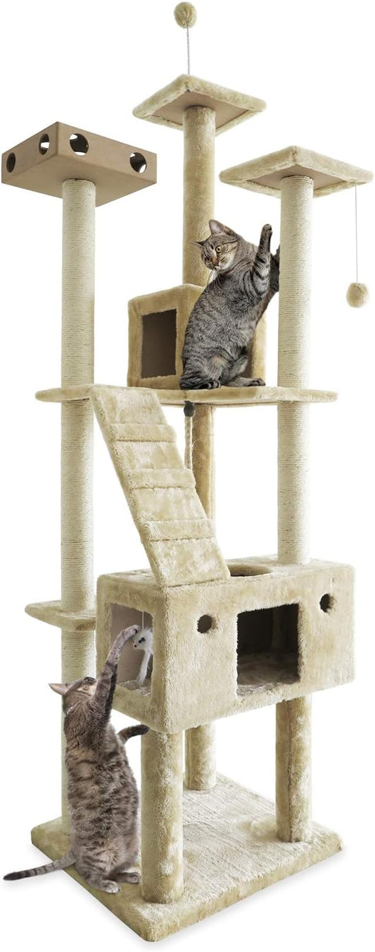 Furhaven 69.3" Tall Cat Tree for Indoor Cats, Ft. Sisal Scratching Posts, 2x Cat Condos, & Toys - Tiger Tough Double Decker Interactive Playground Tower - Cream, One Size-PawvioPets