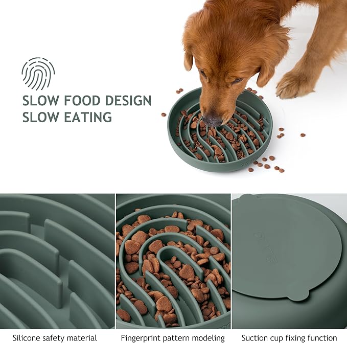 Coomazy Large Silicone Slow Feeder Dog Bowls, Interactive Puzzle Toy for Pets Food Training, Keeps Dogs Busy, Prevents Puppy Overeating (Dark Green, Large: 3.2Cup)-PawvioPets