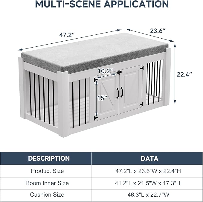 Dog Crate Furniture with Padded Seat, Luxury Wooden Dog Kennel, End of Bed Bench Ottoman with Removable Cushion for Bedroom, Living Roome, White-PawvioPets