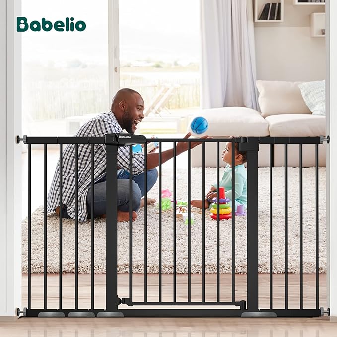 BABELIO Extra Wide Baby/Dog Gate, 29-55" Auto Clos for The House and Doorway, Safety Pressure Mounted Pet Door, NO Need Tools and Drilling, Black-PawvioPets