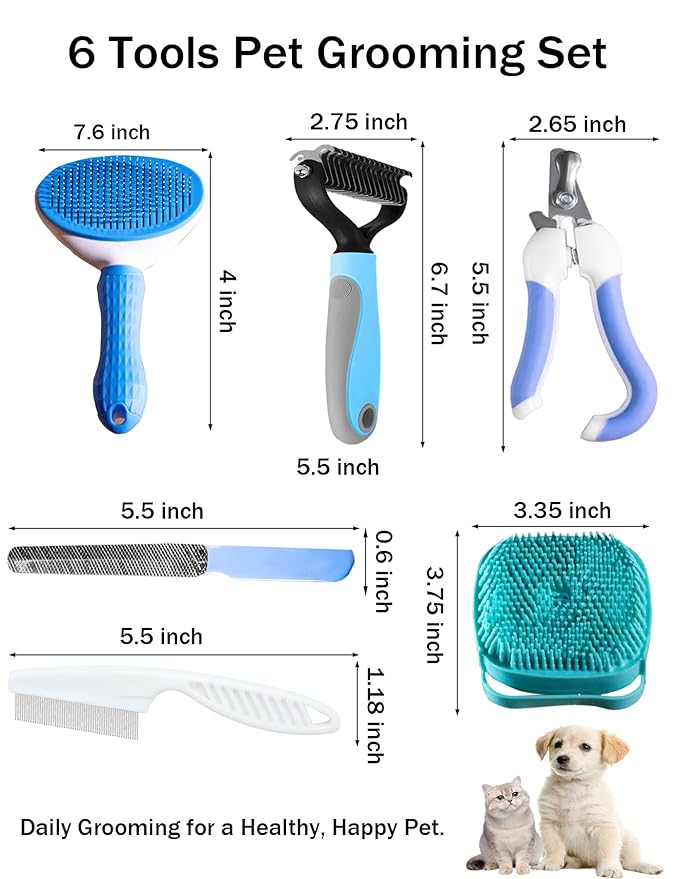 6ps Dog Cat Brush Grooming Kitf, Dog Cat Brushes, Bath Brush, Dematting Rake and Comb, Nail Clipper, Nail File, Flea Comb (Blue 6 Kits)-PawvioPets