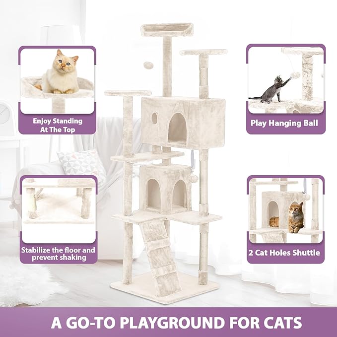 70 Inches Cat Tower for Indoor Cats Multi-Level Cat Condos XL Cat Tree Climbing Tower with Scratching Posts, Hanging Toys, Beige-PawvioPets