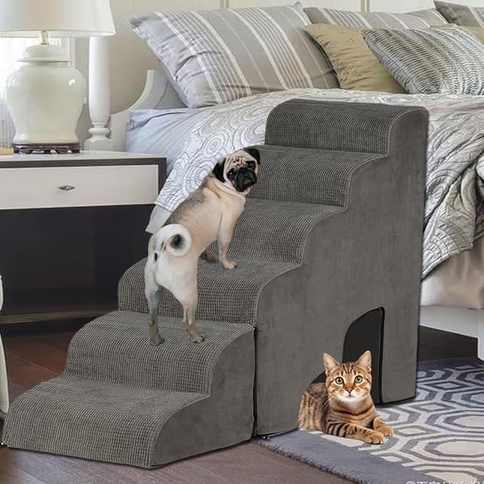 Dog Stairs for High Beds 25-30 inches Tall, 6-Step Dog Steps for High Bed for Doggies/Kitties, 30D Foam Pet Stairs Steps for Small Dogs, Dog Ramp/Ladder for Old Dogs/Cats, Grey-PawvioPets