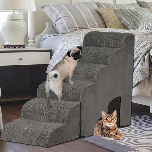 Dog Stairs for High Beds 25-30 inches Tall, 6-Step Dog Steps for High Bed for Doggies/Kitties, 30D Foam Pet Stairs Steps for Small Dogs, Dog Ramp/Ladder for Old Dogs/Cats, Grey-PawvioPets