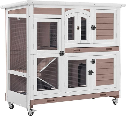 Aivituvin Rabbit Hutch Indoor, Bunny Cage with Wheels, 2-Story Design, 2 Deep Trays, Anti Slip Ramp, Ideal for Small Animals - Brown-PawvioPets
