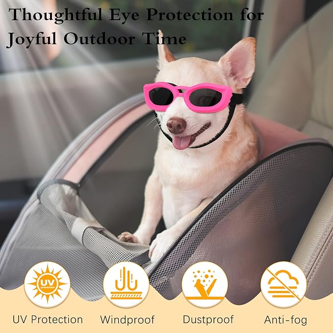 Dog Sunglasses Small Breed, Small Dog Goggles with Adjustable Straps, UV/Wind/Dust/Fog Proof Dog Eye Protection Sunglasses for Outdoor Car Driving Riding, Pink-PawvioPets