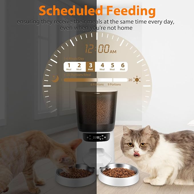 Automatic Cat Feeders for Two Cats, 5L/20 Cups Double Automatic Cat Food Dispenser with 2 Stainless Bowls, Timer Setting 20 Portions 6 Meals Per Day, 10s Meal Call, Pet Feeder for Dog (White)-PawvioPets