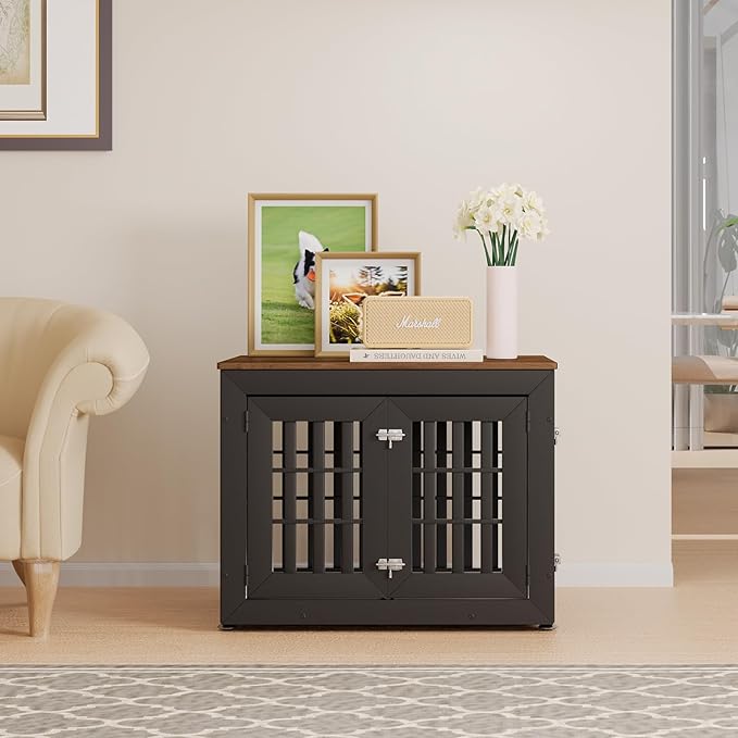 32" Heavy Duty Dog Crate Furniture for Small,Medium and Large Dogs,Rustic Wooden Dog Cage Kennel Indoor Furniture with Waterproof Top,Decorative Pet House Side End Table (Black & Wood)-PawvioPets