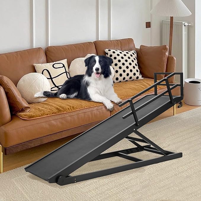Dog Ramp for Bed, Adjustable Pet Ramps for Dog to Get on Bed, Non-Slip Rubber Surface - Folding Wooden Dog Ramp for Small/Large/Old Dogs, Adjustable up to 31 inch High Beds, Safety Railings-PawvioPets