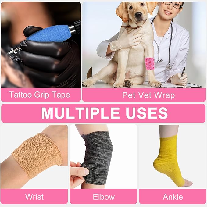 24 Pack Self Adhesive Vet Wrap & Medical Tape, 2 Inch x 5 Yards Cohesive Bandage Wrap - Pink Heart Grip Tape for Ankle, Wrist Sprains, Sports, Pet First Aid-PawvioPets