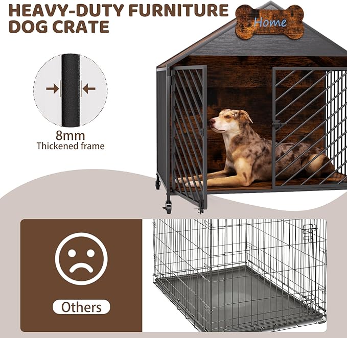 Furniture-Style Dog Crate with Gable Roof Design, Double Locking Doors Indoor Kennel for Small & Medium Dogs, Chew-Proof Escape-Proof Dog Cage, Rustic Brown-PawvioPets