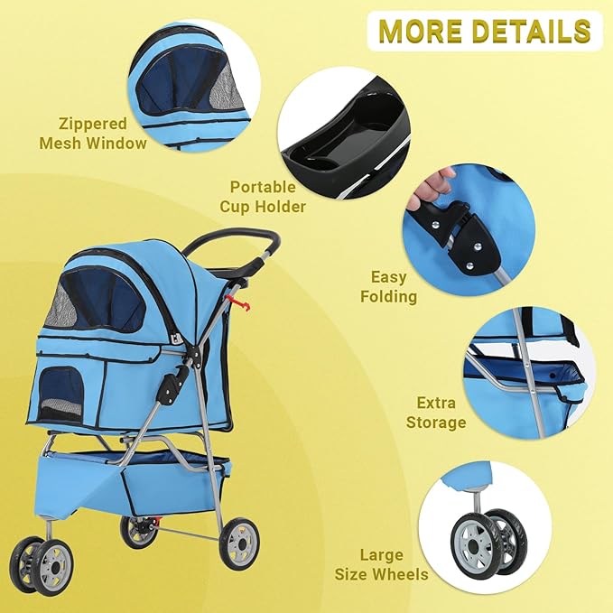 Foldable Pet Stroller for Cats and Dogs 3 Wheels Carrier Strolling Cart with Weather Cover, Mesh Panels，Storage Basket Cup Holder，Blue-PawvioPets