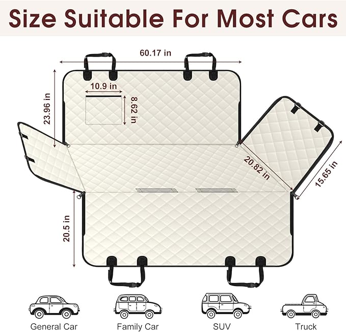 Dog Car Seat Cover, Durable Waterproof Scratch Proof Nonslip Dog Hammock, Pet Back Seat Covers with Pocket for Cars SUVs and Trucks - L, Beige/Black-PawvioPets