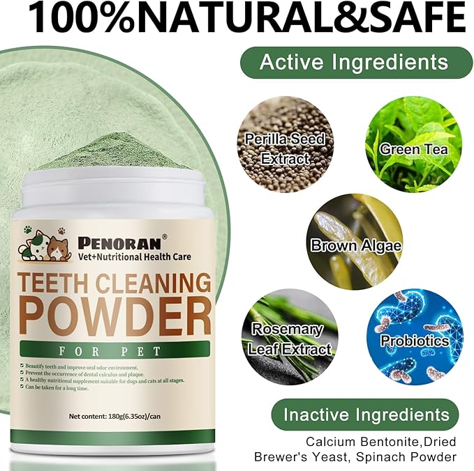 Dog Dental Powder, 6 oz, Dog Teeth Cleaning Powder & Cat Breath Freshener, Plaque Off Pet Tooth Cleaning - Combating Dental Plaque, Tartar Cleaning and Removal, Fighting Bad Breath, Oral Care-PawvioPets