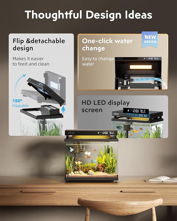 Fish Tank Smart Aquarium Kit: 2 Gallon UHD Glass Silent Water Pump Self Cleaning Multi-layer Filtration System - Temperature Sensing 7-color Lighting for Small Fish Betta Kids Room Desktop Decor Black-PawvioPets