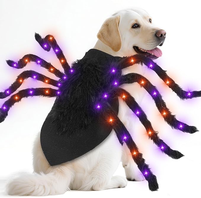 Camlinbo 24 LED Spider Dog Halloween Costume for Small Medium Large Dogs, Furry Giant Spider with Orange Purple Lights Puppy Pet Costume Outfits Clothes Funny Halloween Costume Party Cosplay-PawvioPets