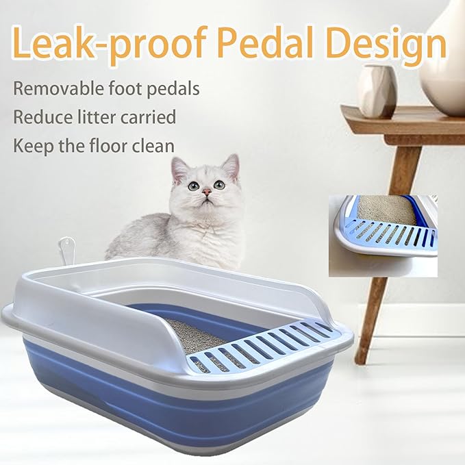 Collapsible Kitten Litter Box, Open Small Cat Litter Box with High Side Shallow Kitten Litter Pan Anti-Splashing Waterproof Low Entry Travel Litter Pan with Falling Sand Pedal-PawvioPets