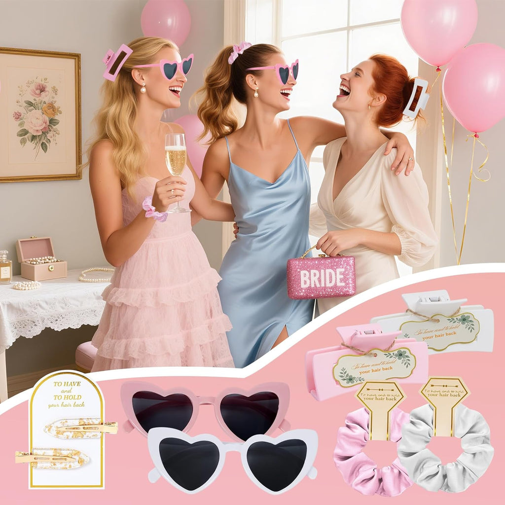 Pink Bridesmaid Gift Set for Proposal, 8PCS Hair Claw, Scrunchies, Makeup Clips & Heart Sunglasses – Bachelorette Party Favors, Bridal Shower & Teen Birthday Gifts