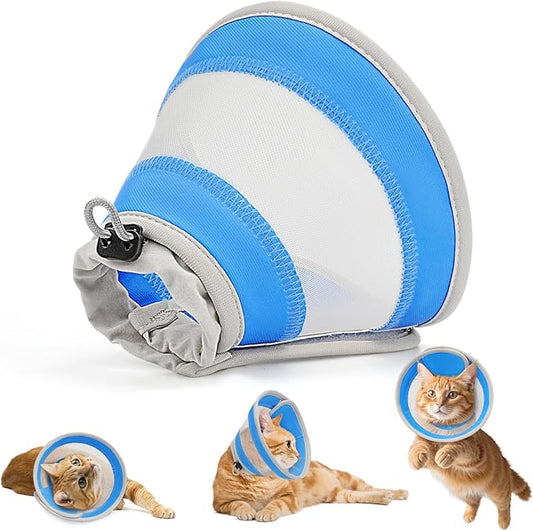 Breathable Air Mesh Cat Cone Collar Soft to Stop Licking, Adjustable, Foldable Lightweight Kitten Cones After Surgery Recovery for Cats & Kittens (Light Blue, S)-PawvioPets