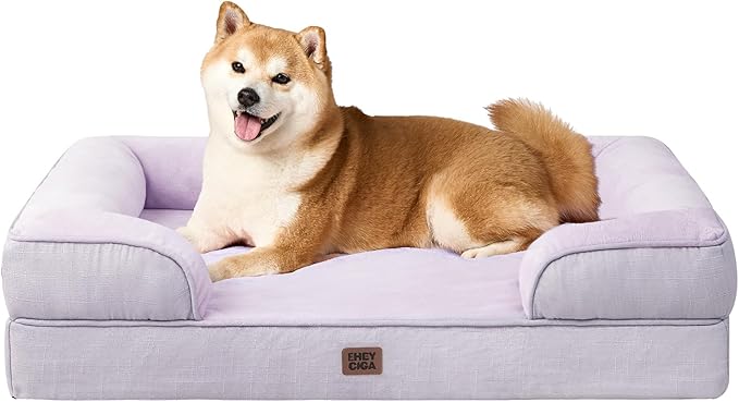 EHEYCIGA Orthopedic Dog Beds Large Sized Dog, Waterproof Memory Foam Pet Bed with Sides, Non-Slip Bottom Large Pet Bed with Washable Removable Cover, Lilac-PawvioPets