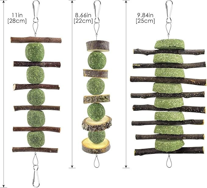 ERKOON Bunny Chew Toys, Rabbit Chew Toys for Teeth Grinding, Improve Dental Health, 100% Natural Apple Wood Timothy Grass Cake Treats for Rabbits Guinea Pigs Chinchillas Bunnies Hamsters (7 Pcs)-PawvioPets