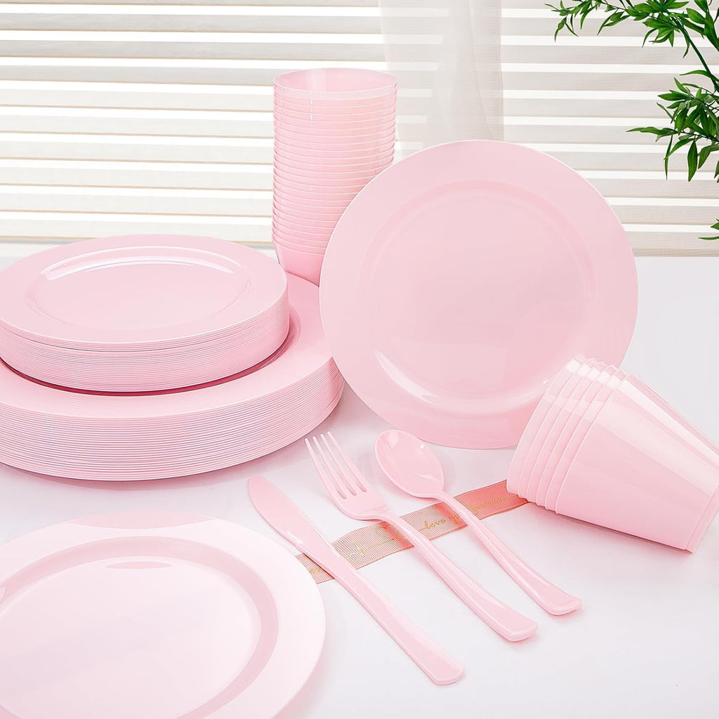 KIRE 150 Pieces Pink Plastic Plates Disposable - Pink Dinnerware Set Include 25 Dinner & 25 Salad Plates 25Forks 25Knives 25Spoons 25 Cups for Baby Shower/Bridal Shower